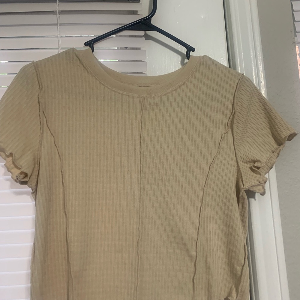 Beige Ribbed Short Sleeve Top